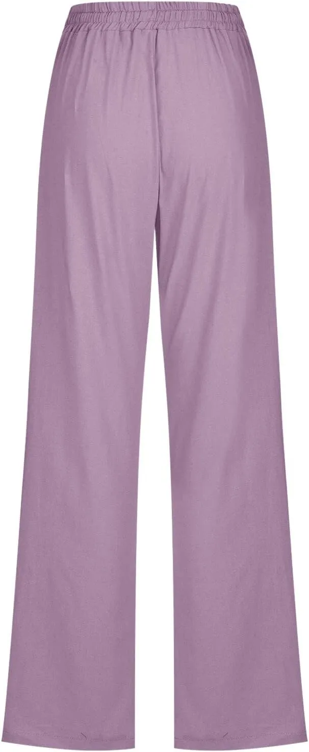 Muyise Womens Cotton Linen Casual Pants Straight Leg Drawstring Elastic High Waist Loose Comfy Palazzo Trousers with Pockets