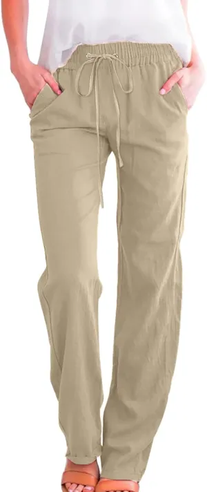 Muyise Womens Cotton Linen Casual Pants Straight Leg Drawstring Elastic High Waist Loose Comfy Palazzo Trousers with Pockets