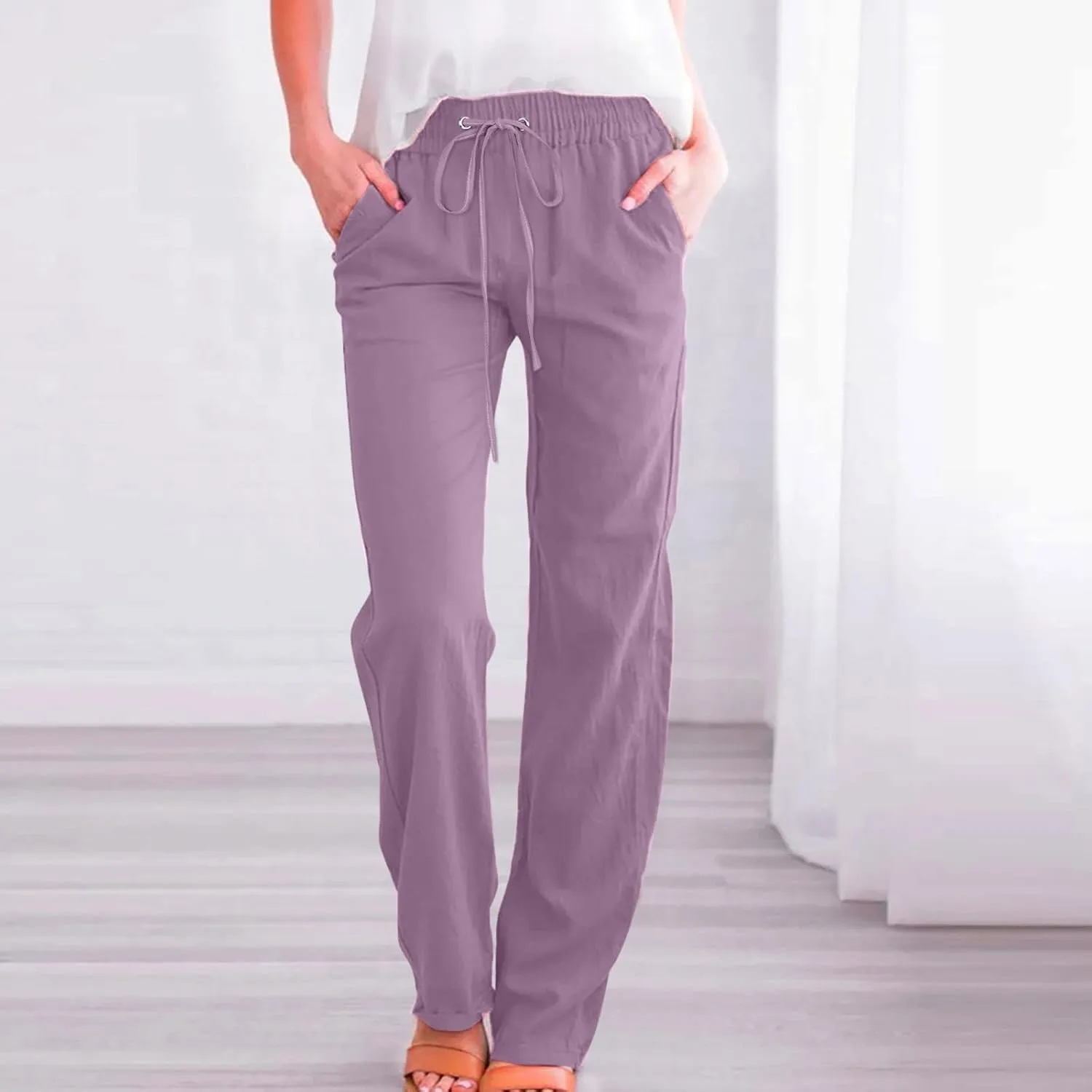 Muyise Womens Cotton Linen Casual Pants Straight Leg Drawstring Elastic High Waist Loose Comfy Palazzo Trousers with Pockets