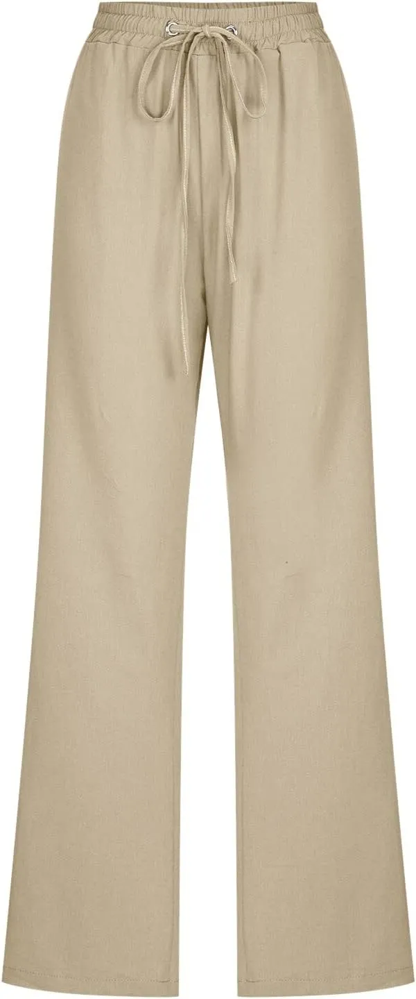Muyise Womens Cotton Linen Casual Pants Straight Leg Drawstring Elastic High Waist Loose Comfy Palazzo Trousers with Pockets