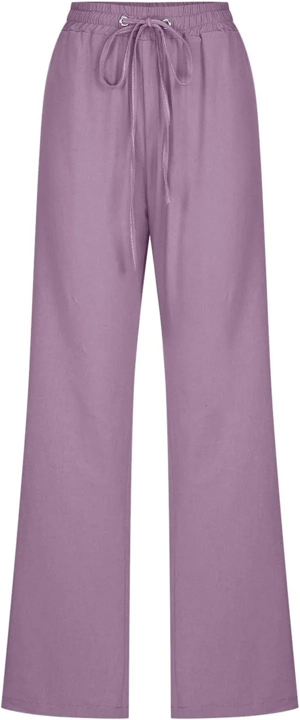 Muyise Womens Cotton Linen Casual Pants Straight Leg Drawstring Elastic High Waist Loose Comfy Palazzo Trousers with Pockets