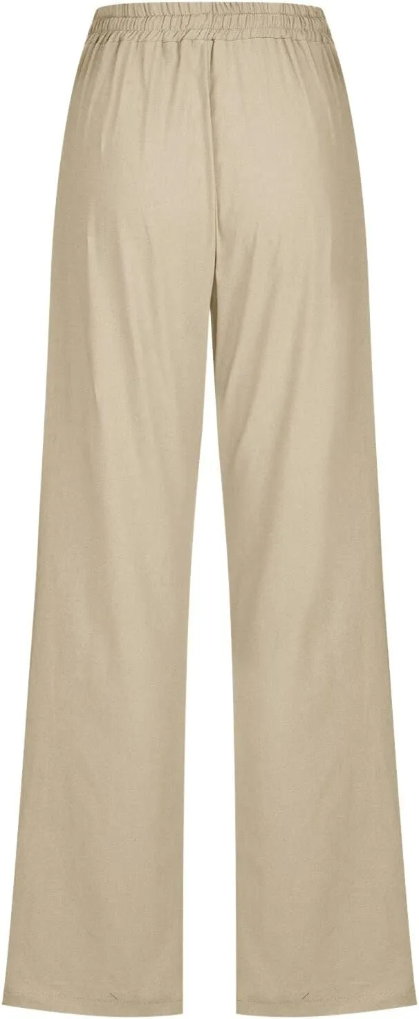 Muyise Womens Cotton Linen Casual Pants Straight Leg Drawstring Elastic High Waist Loose Comfy Palazzo Trousers with Pockets