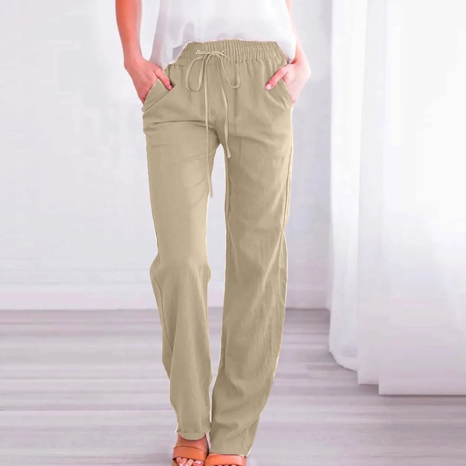 Muyise Womens Cotton Linen Casual Pants Straight Leg Drawstring Elastic High Waist Loose Comfy Palazzo Trousers with Pockets