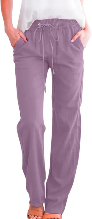 Muyise Womens Cotton Linen Casual Pants Straight Leg Drawstring Elastic High Waist Loose Comfy Palazzo Trousers with Pockets