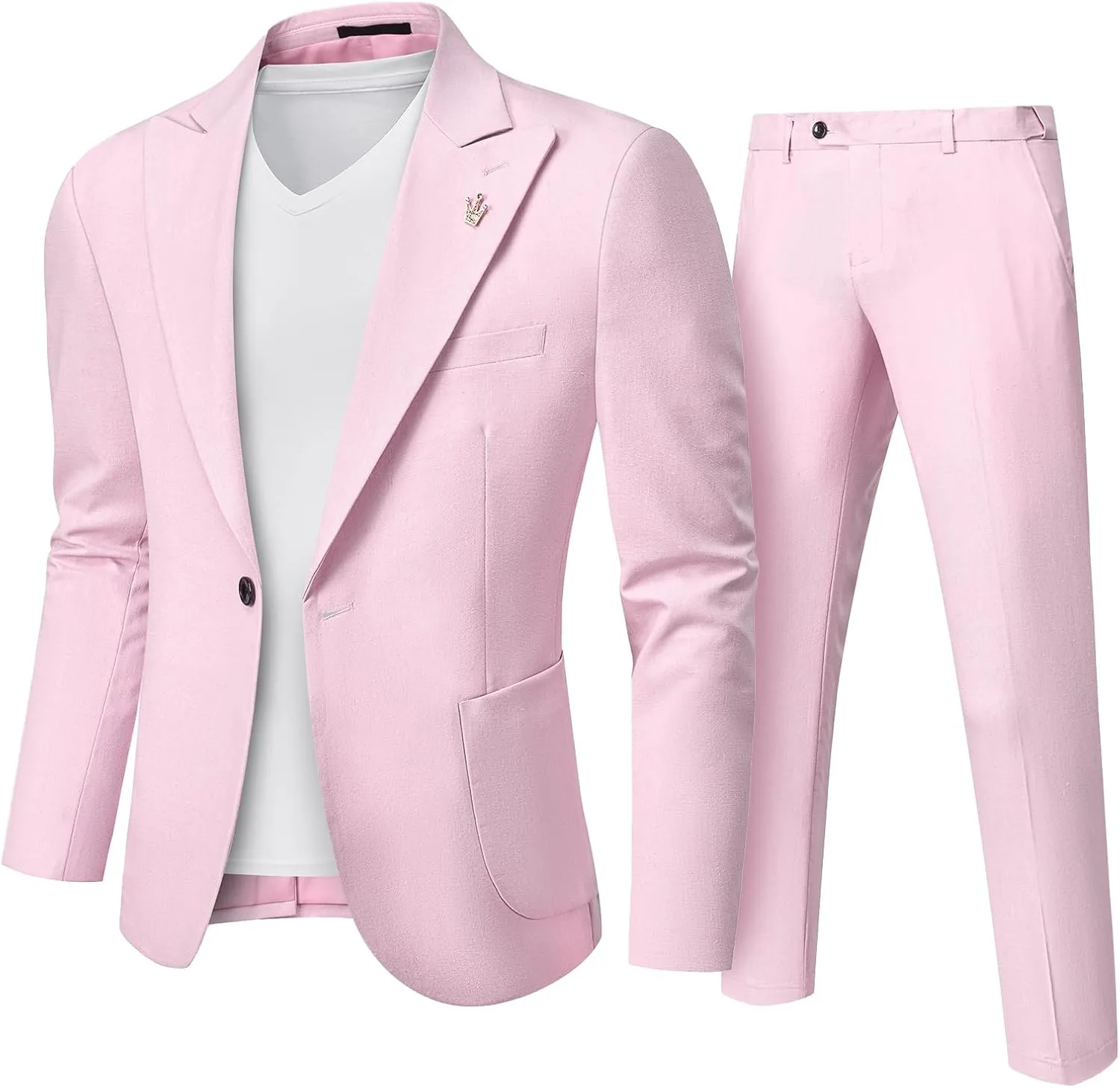 MY'S Mens Linen Suit, 2 Pieces One Button Regular Fit Blazer Set, Lightweight Jacket and Pants for Casual Wedding Business