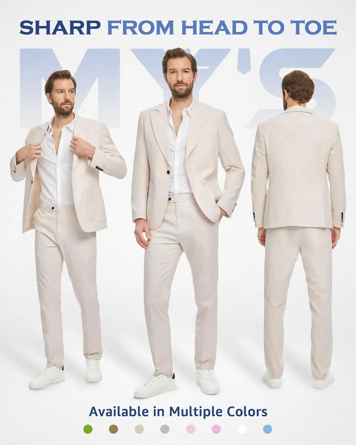 MY'S Mens Linen Suit, 2 Pieces One Button Regular Fit Blazer Set, Lightweight Jacket and Pants for Casual Wedding Business