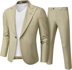 MY'S Mens Linen Suit, 2 Pieces One Button Regular Fit Blazer Set, Lightweight Jacket and Pants for Casual Wedding Business