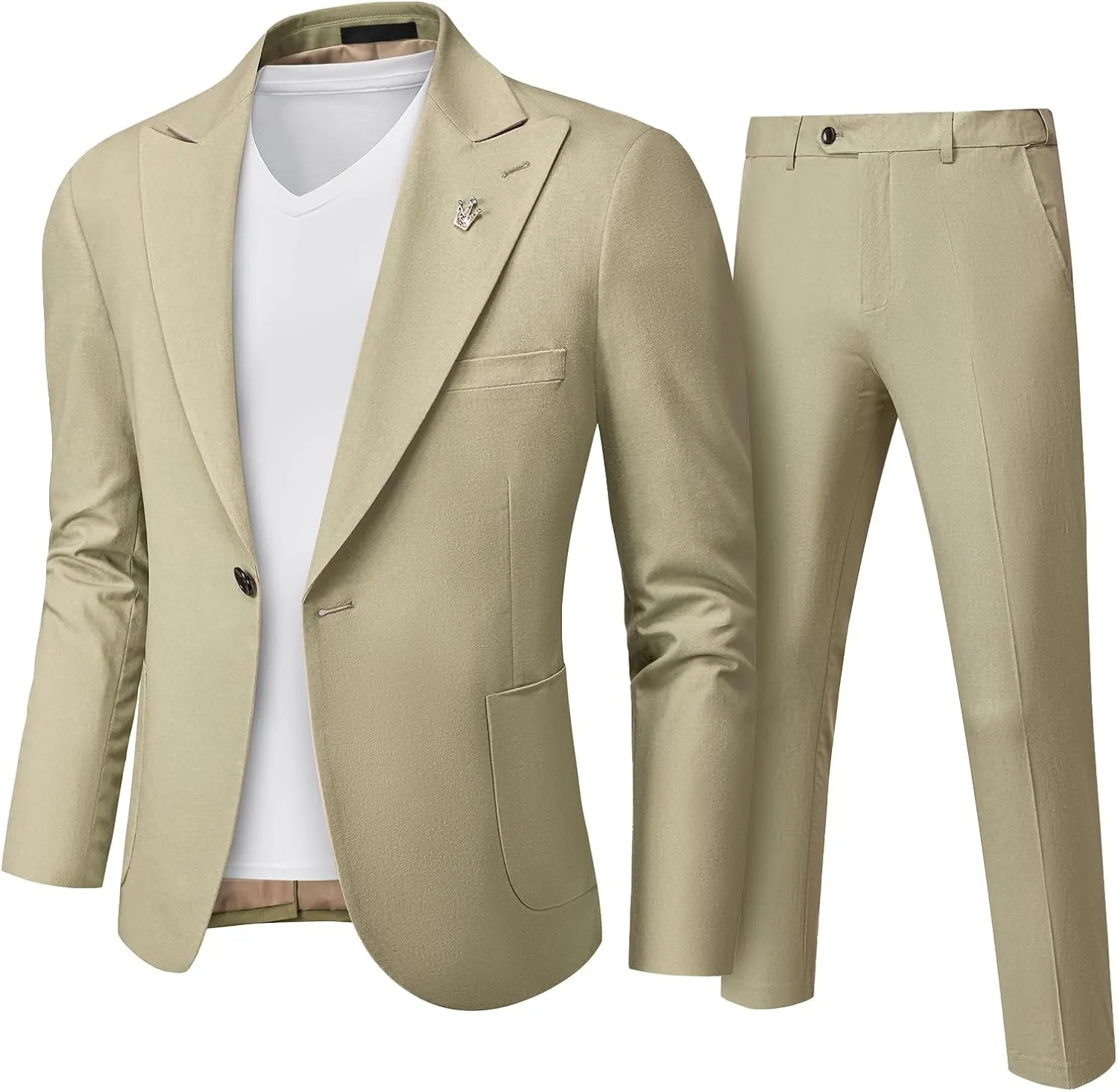 MY'S Mens Linen Suit, 2 Pieces One Button Regular Fit Blazer Set, Lightweight Jacket and Pants for Casual Wedding Business
