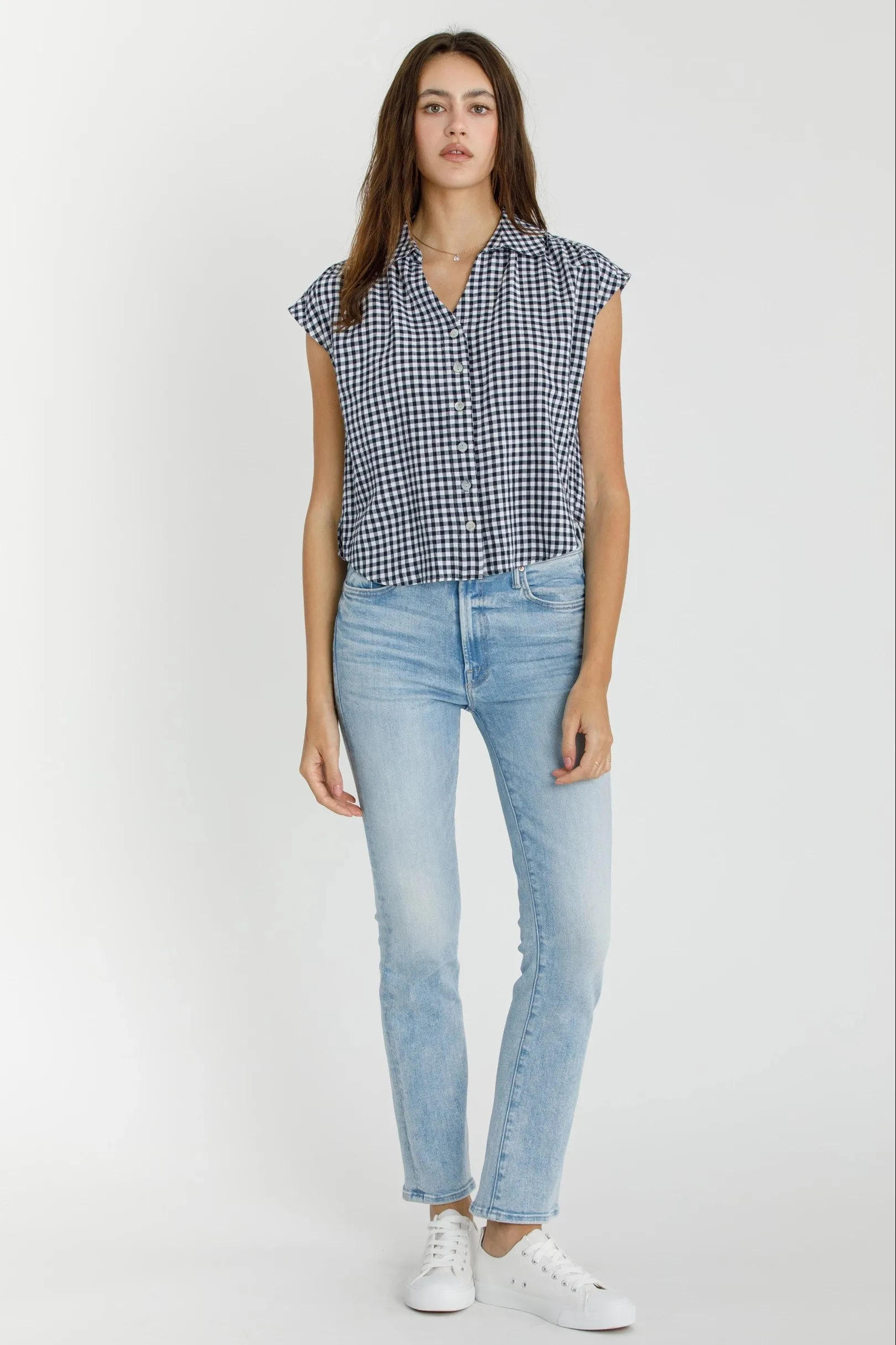 Navy Gingham Cap Sleeve Button Up