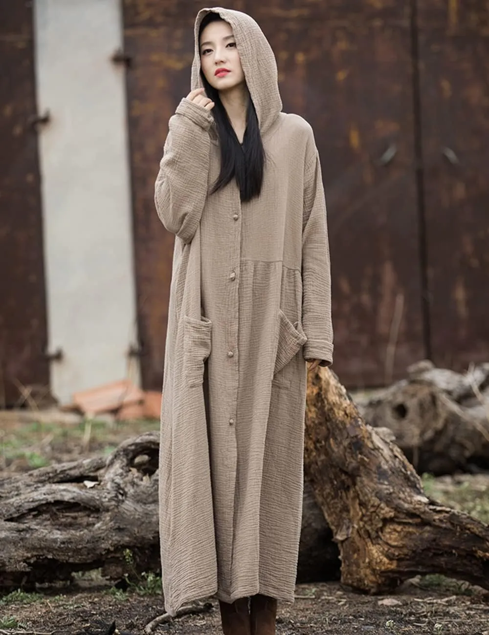 NFYM Women's Kimono Trench Coat Cotton Hoodie Jacket Long Sleeve Retro Witch Style Outwear with Pocket