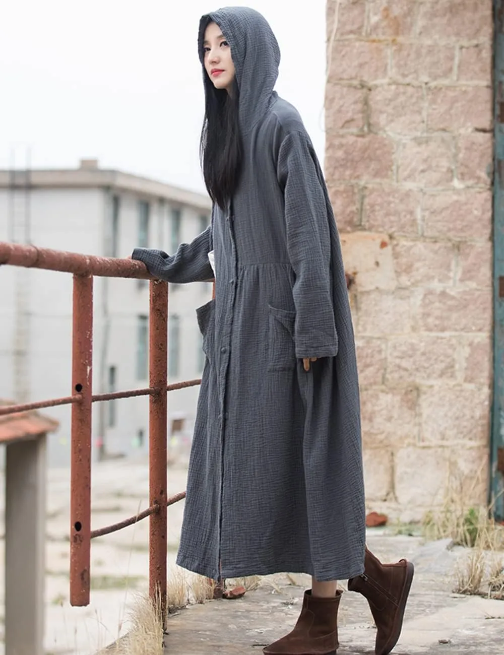 NFYM Women's Kimono Trench Coat Cotton Hoodie Jacket Long Sleeve Retro Witch Style Outwear with Pocket