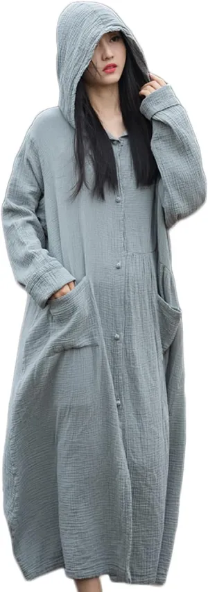 NFYM Women's Kimono Trench Coat Cotton Hoodie Jacket Long Sleeve Retro Witch Style Outwear with Pocket
