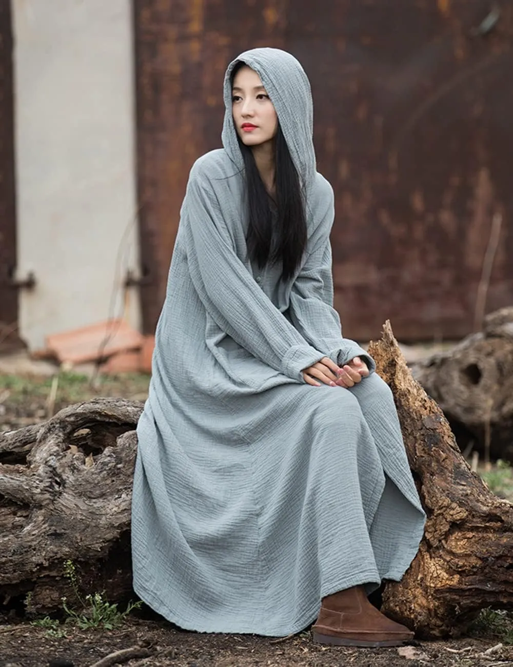 NFYM Women's Kimono Trench Coat Cotton Hoodie Jacket Long Sleeve Retro Witch Style Outwear with Pocket
