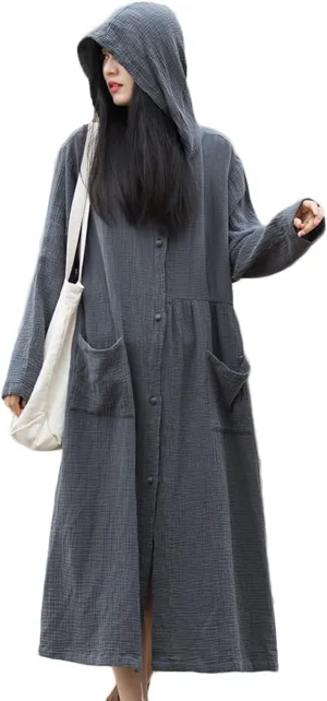 NFYM Women's Kimono Trench Coat Cotton Hoodie Jacket Long Sleeve Retro Witch Style Outwear with Pocket