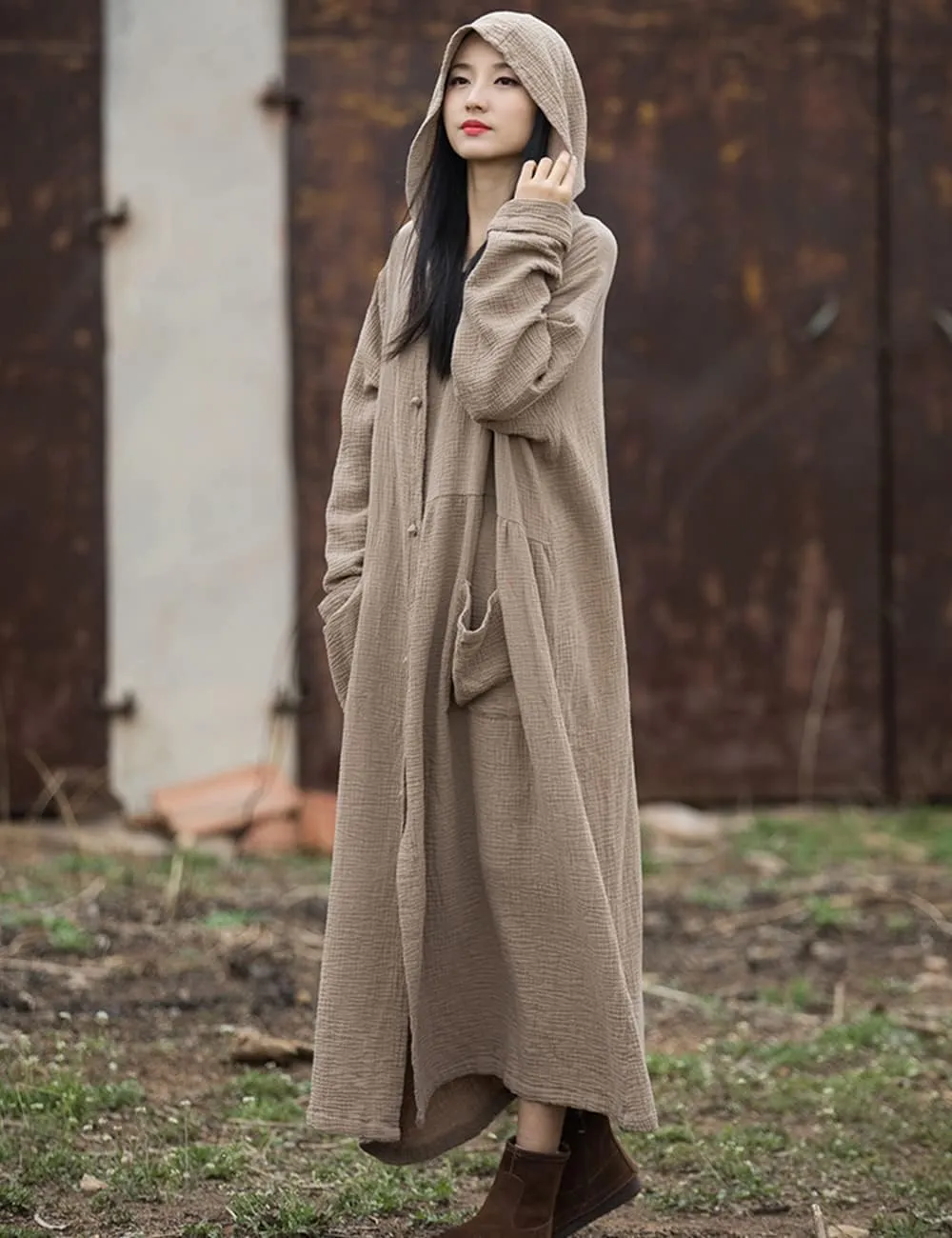 NFYM Women's Kimono Trench Coat Cotton Hoodie Jacket Long Sleeve Retro Witch Style Outwear with Pocket