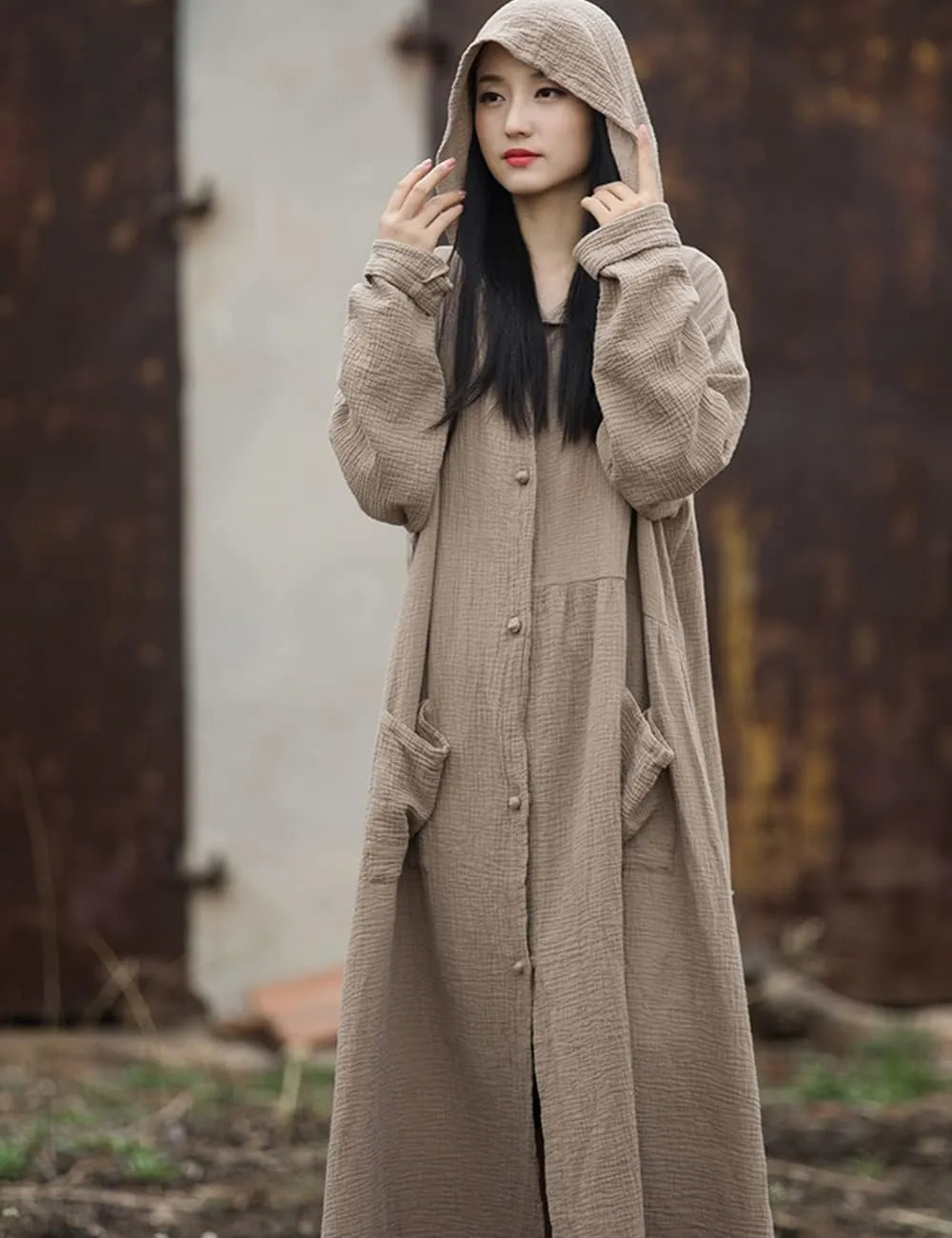 NFYM Women's Kimono Trench Coat Cotton Hoodie Jacket Long Sleeve Retro Witch Style Outwear with Pocket
