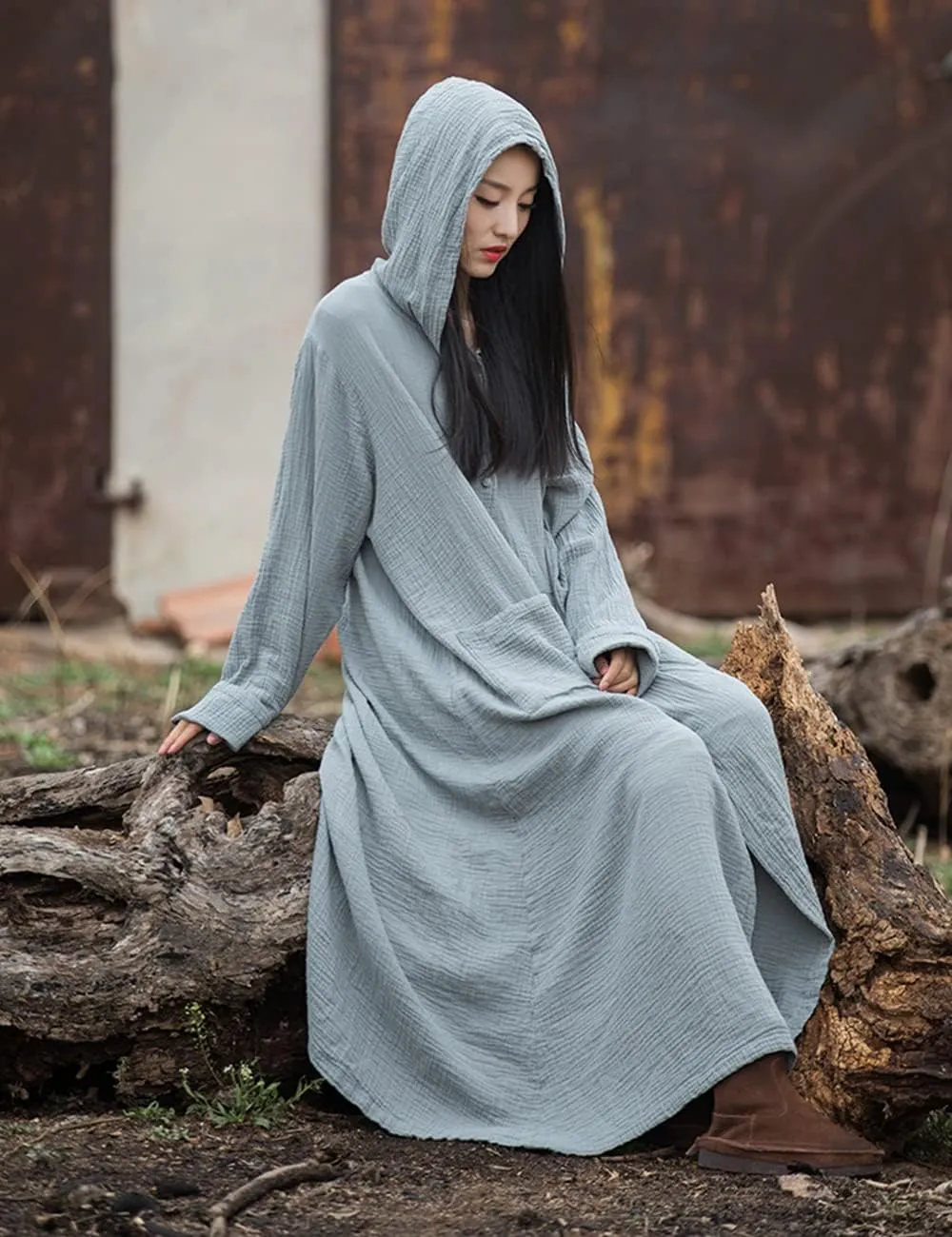 NFYM Women's Kimono Trench Coat Cotton Hoodie Jacket Long Sleeve Retro Witch Style Outwear with Pocket