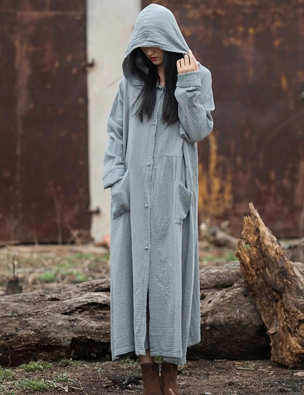 NFYM Women's Kimono Trench Coat Cotton Hoodie Jacket Long Sleeve Retro Witch Style Outwear with Pocket