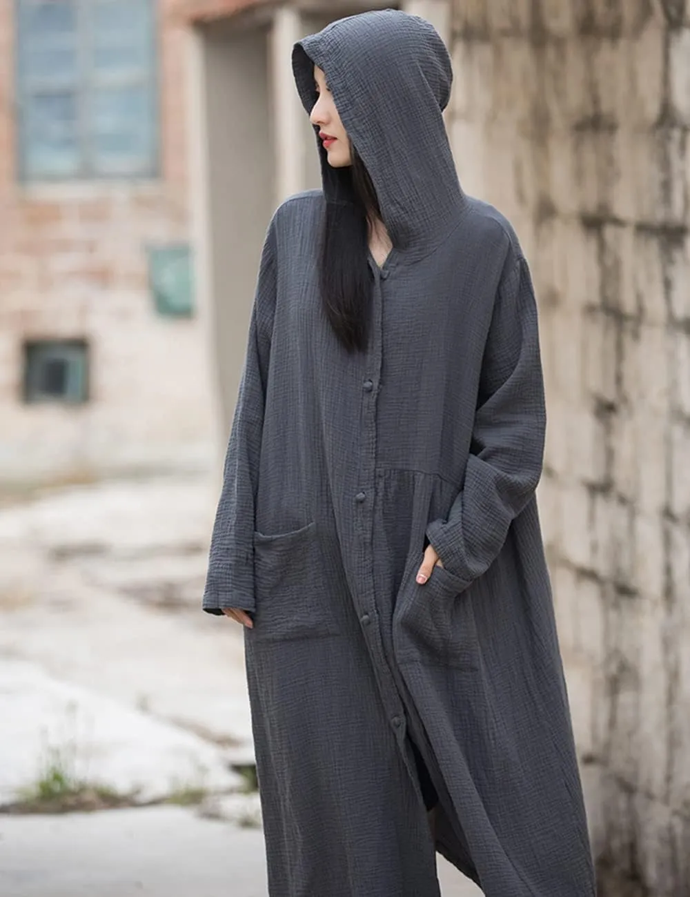 NFYM Women's Kimono Trench Coat Cotton Hoodie Jacket Long Sleeve Retro Witch Style Outwear with Pocket