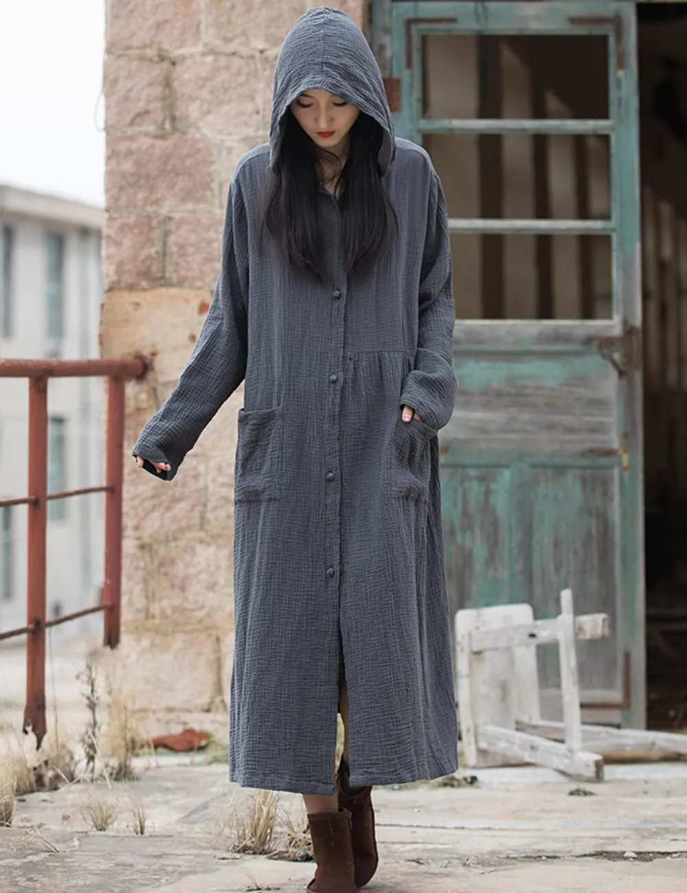 NFYM Women's Kimono Trench Coat Cotton Hoodie Jacket Long Sleeve Retro Witch Style Outwear with Pocket