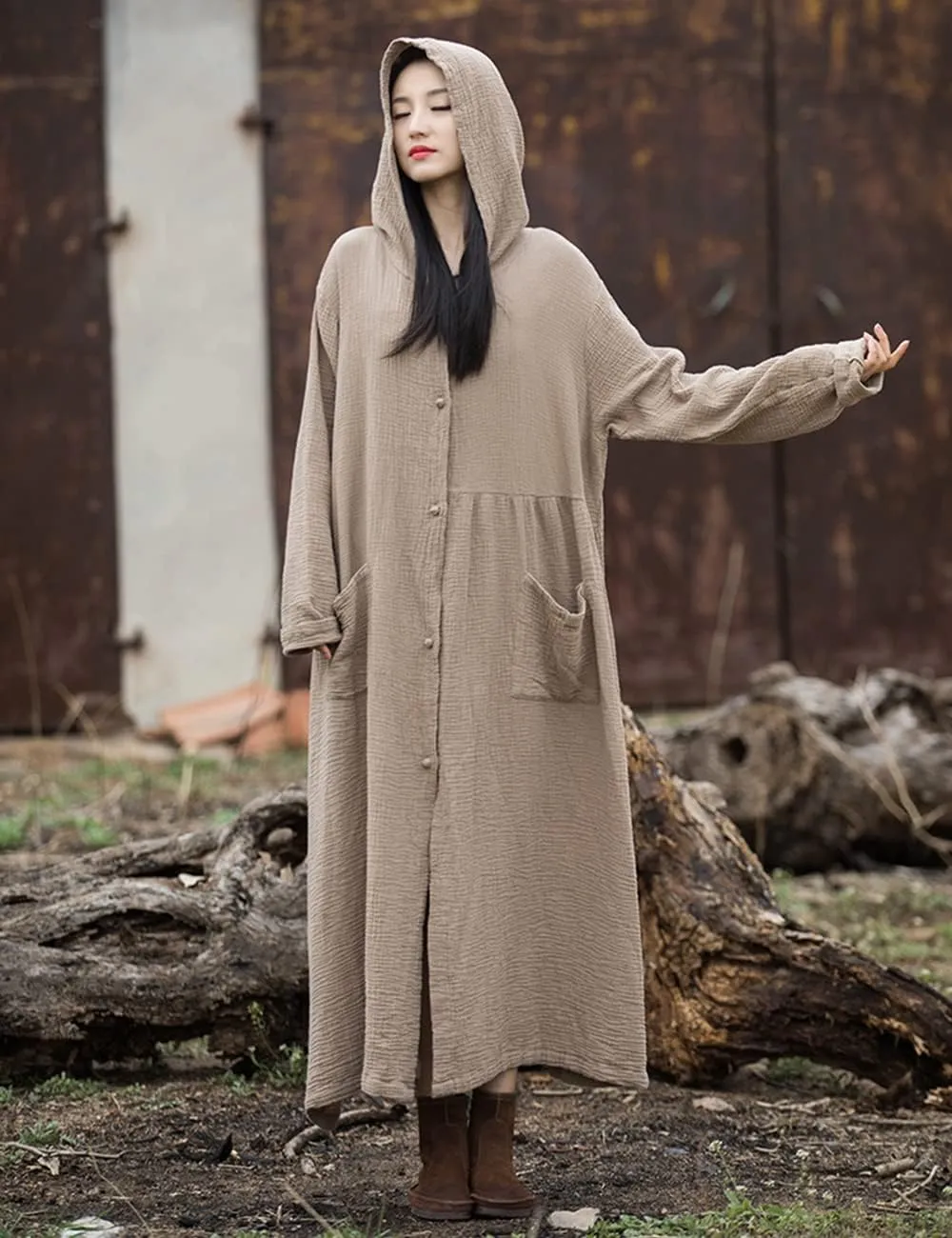 NFYM Women's Kimono Trench Coat Cotton Hoodie Jacket Long Sleeve Retro Witch Style Outwear with Pocket