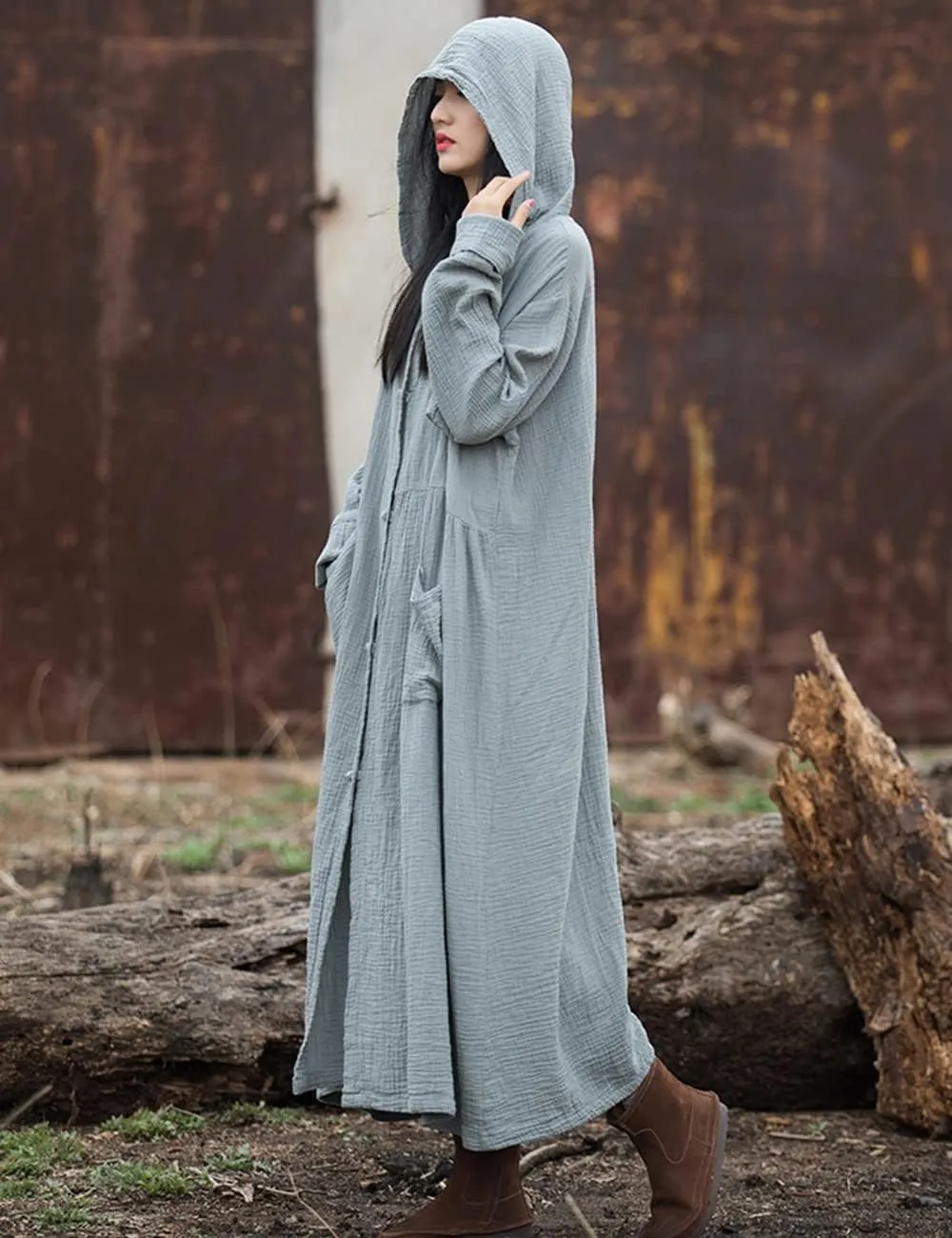 NFYM Women's Kimono Trench Coat Cotton Hoodie Jacket Long Sleeve Retro Witch Style Outwear with Pocket