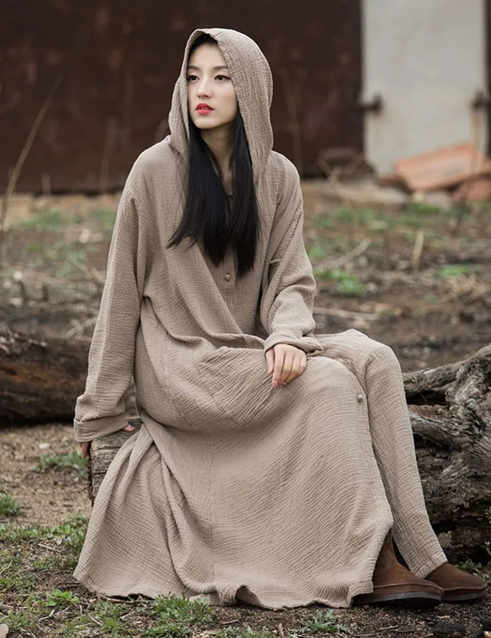 NFYM Women's Kimono Trench Coat Cotton Hoodie Jacket Long Sleeve Retro Witch Style Outwear with Pocket