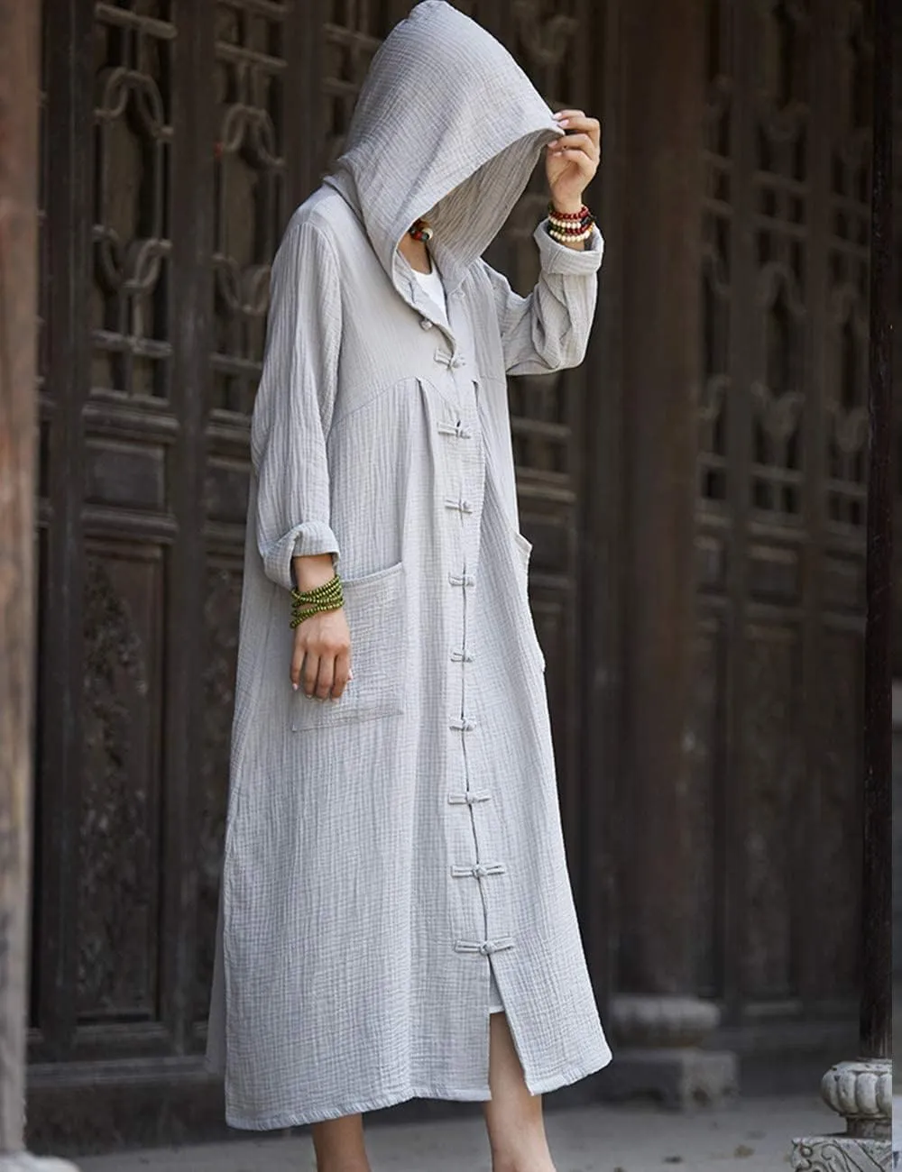 NFYM Women's Trench Coat Hooded Jacket Long Sleeve Chinese Frog Button Comfy Cotton Outwear with Pocket