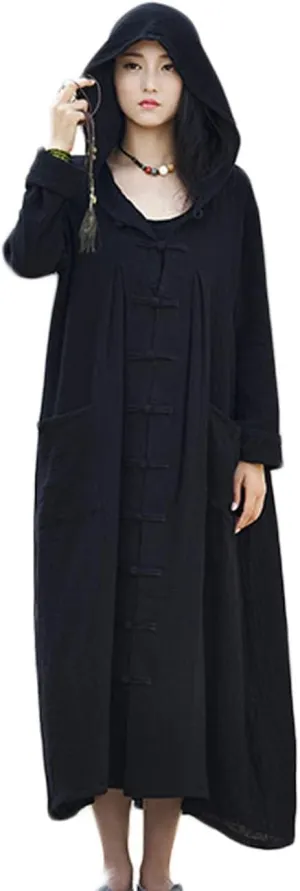 NFYM Women's Trench Coat Hooded Jacket Long Sleeve Chinese Frog Button Comfy Cotton Outwear with Pocket