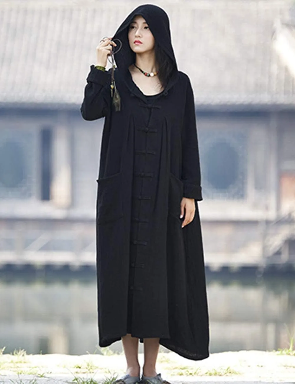 NFYM Women's Trench Coat Hooded Jacket Long Sleeve Chinese Frog Button Comfy Cotton Outwear with Pocket