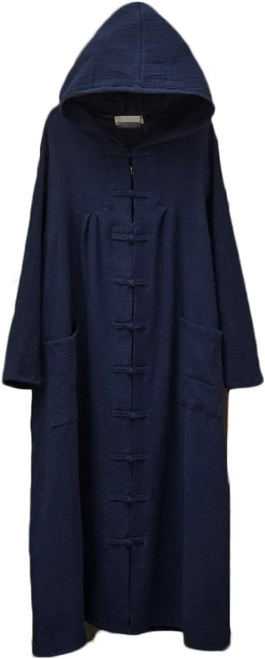 NFYM Women's Trench Coat Hooded Jacket Long Sleeve Chinese Frog Button Comfy Cotton Outwear with Pocket