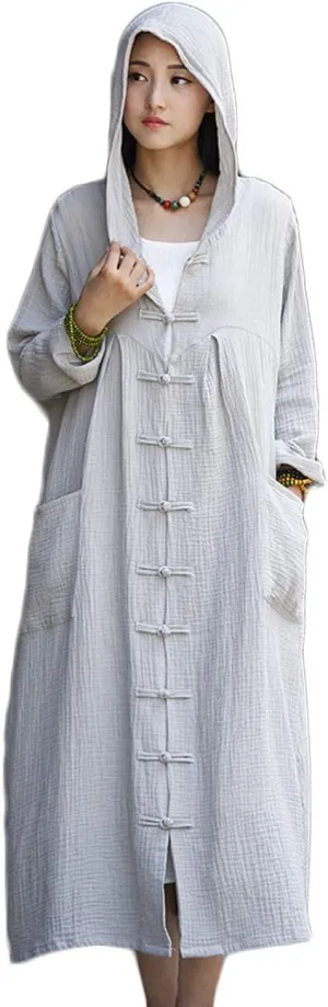 NFYM Women's Trench Coat Hooded Jacket Long Sleeve Chinese Frog Button Comfy Cotton Outwear with Pocket