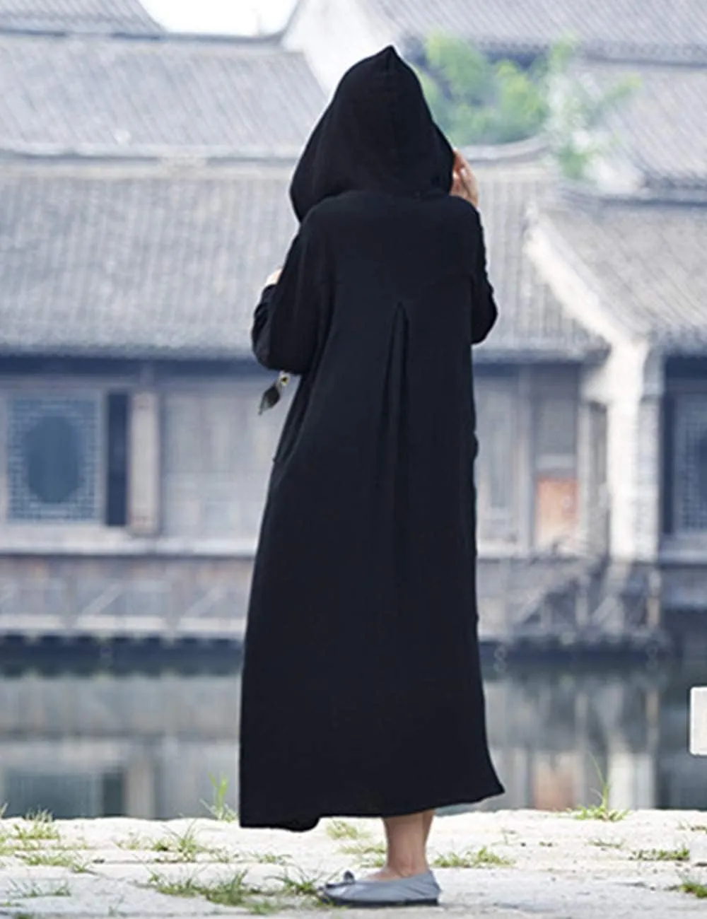 NFYM Women's Trench Coat Hooded Jacket Long Sleeve Chinese Frog Button Comfy Cotton Outwear with Pocket
