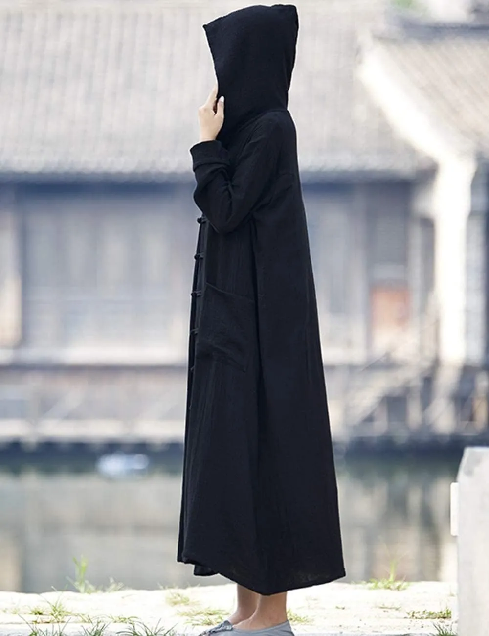 NFYM Women's Trench Coat Hooded Jacket Long Sleeve Chinese Frog Button Comfy Cotton Outwear with Pocket