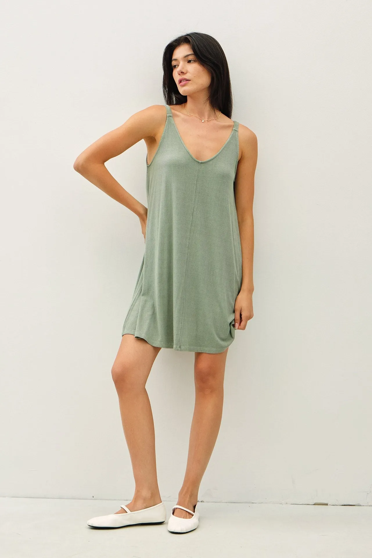 Olive Stone Wash Ribbed Sundress