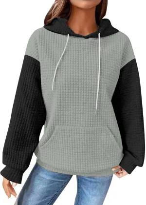 Oversized Hoodies for Women Color Block Waffle Sweatshirts Casual Drawstring Pullover with Pockets Fall Clothes