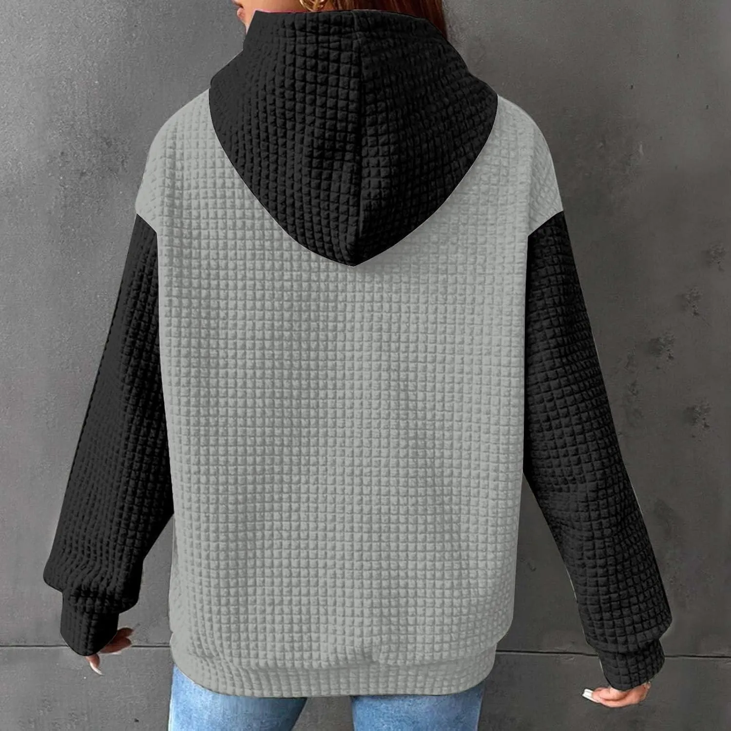Oversized Hoodies for Women Color Block Waffle Sweatshirts Casual Drawstring Pullover with Pockets Fall Clothes