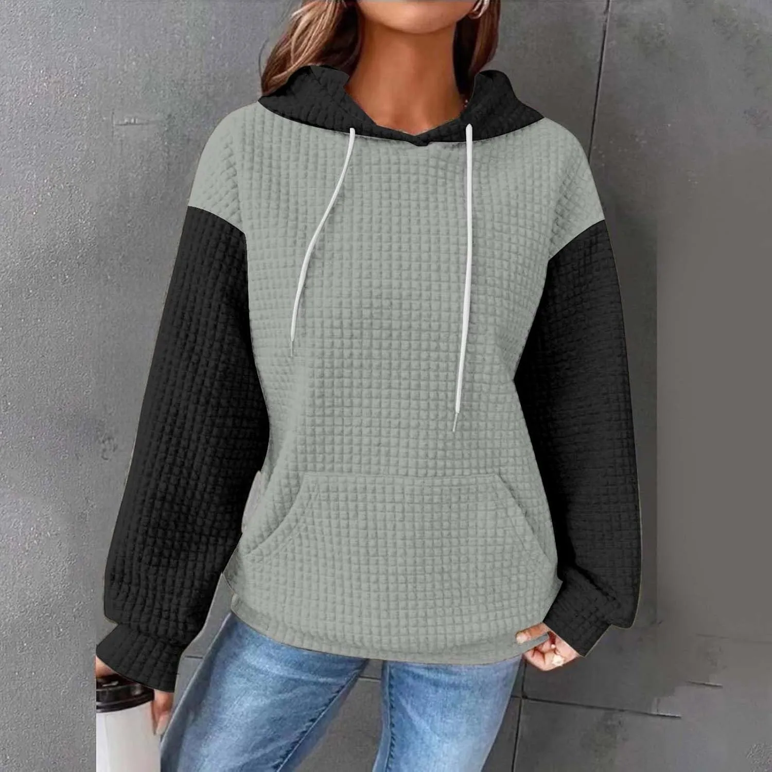 Oversized Hoodies for Women Color Block Waffle Sweatshirts Casual Drawstring Pullover with Pockets Fall Clothes