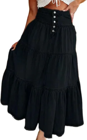 Owl's-Yard Women Y2K Denim Skirt Pleated Tiered Ruffled Hem High Waist Swing A-Line Jeans Maxi Skirt for Club Streetwear