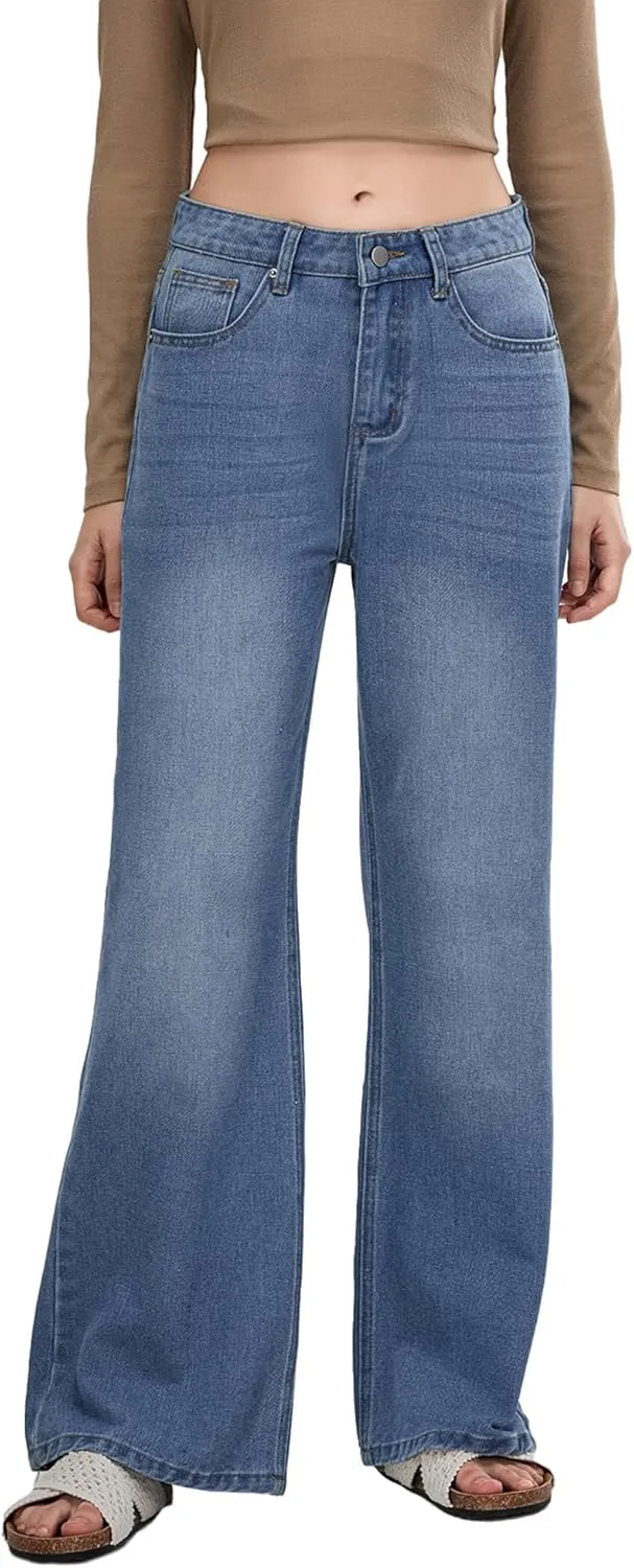Owl's-Yard Women's Y2k Mid Rise Washed Baggy Jeans Crossover Wide Leg Loose Boyfriend Denim Pants Trousers with Pockets