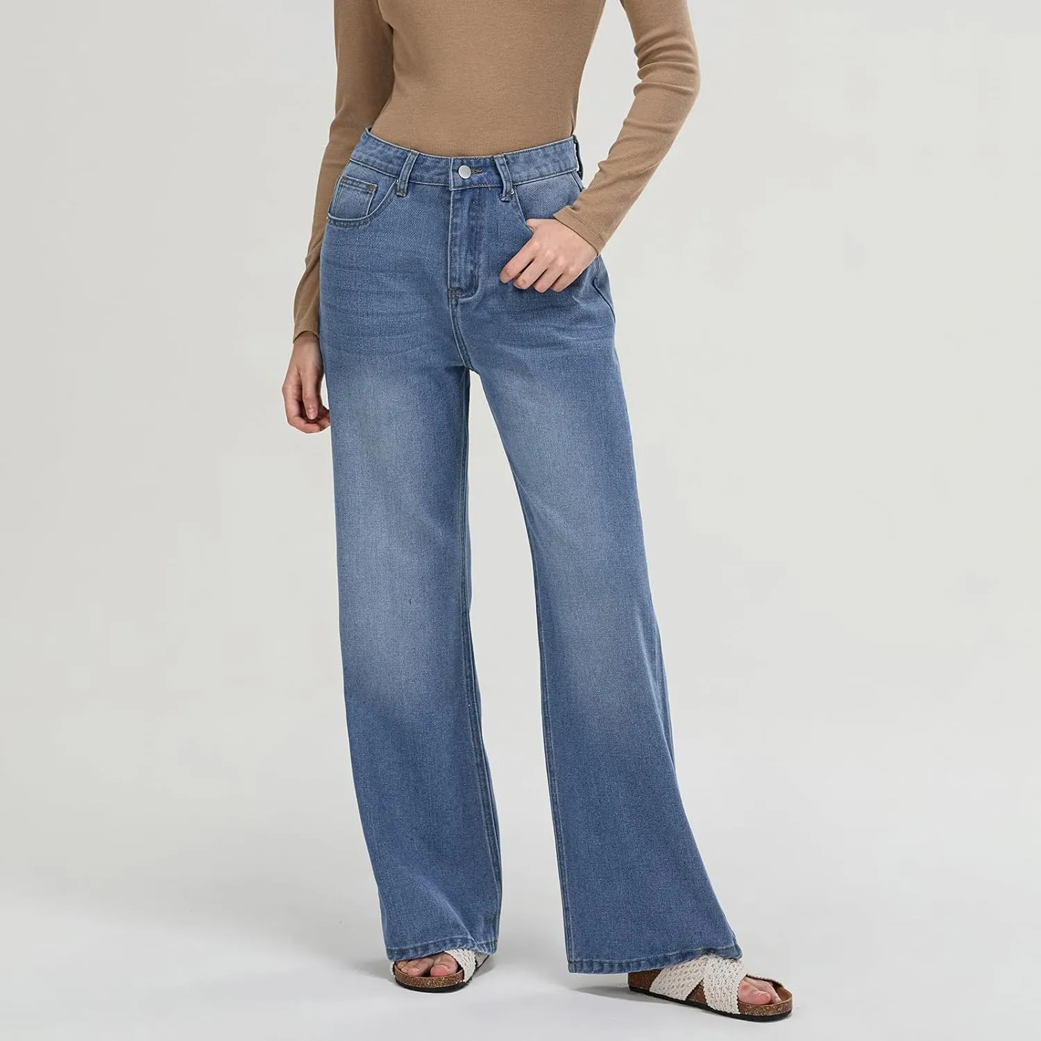 Owl's-Yard Women's Y2k Mid Rise Washed Baggy Jeans Crossover Wide Leg Loose Boyfriend Denim Pants Trousers with Pockets