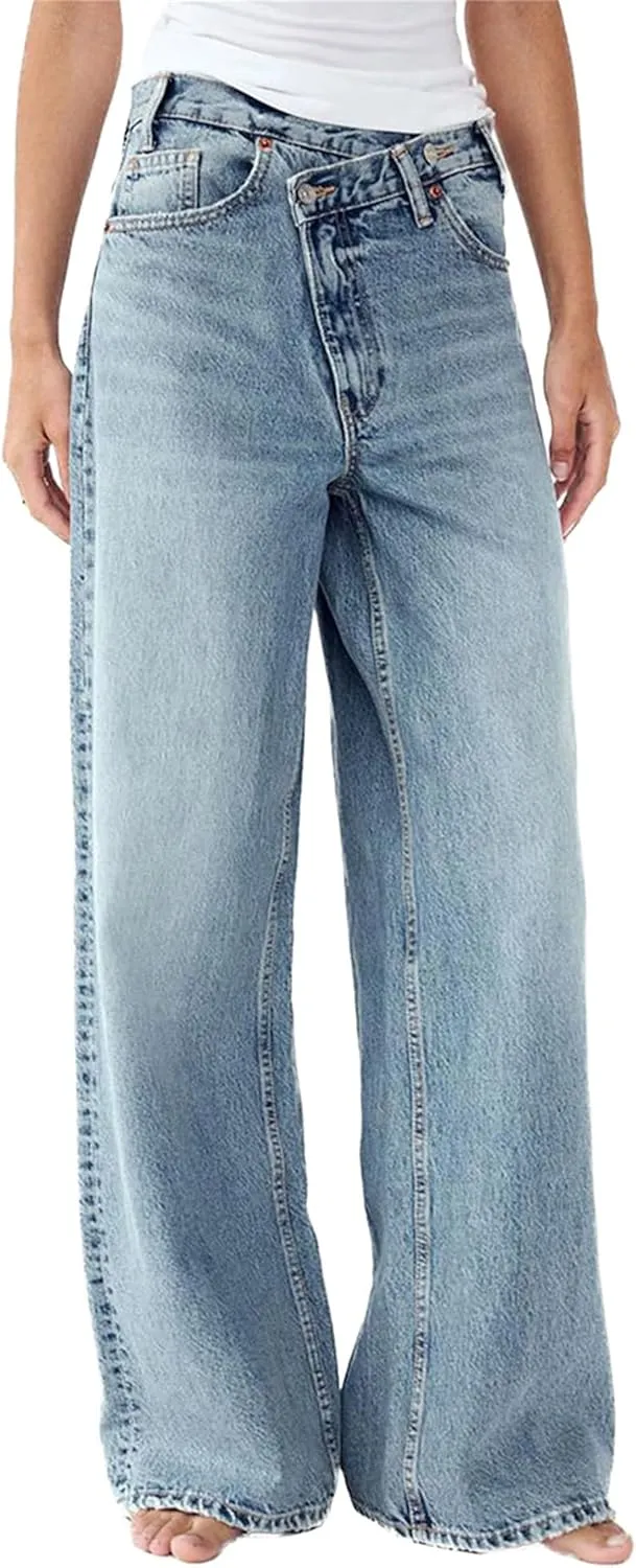 Owl's-Yard Women's Y2k Mid Rise Washed Baggy Jeans Crossover Wide Leg Loose Boyfriend Denim Pants Trousers with Pockets