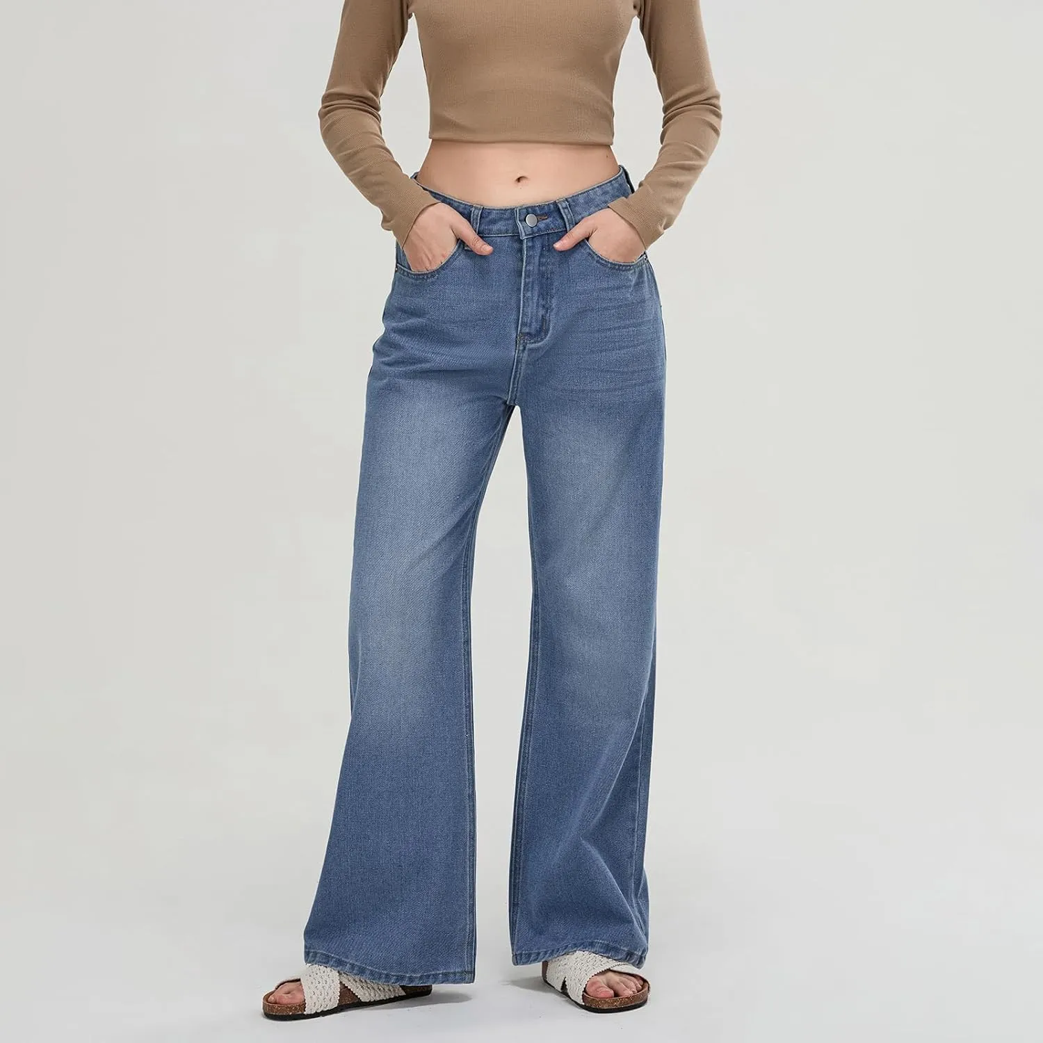Owl's-Yard Women's Y2k Mid Rise Washed Baggy Jeans Crossover Wide Leg Loose Boyfriend Denim Pants Trousers with Pockets