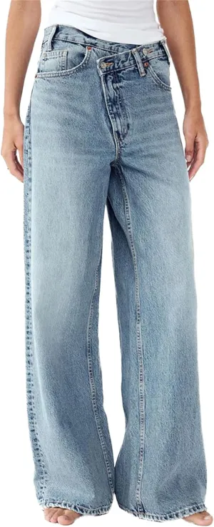 Owl's-Yard Women's Y2k Mid Rise Washed Baggy Jeans Crossover Wide Leg Loose Boyfriend Denim Pants Trousers with Pockets