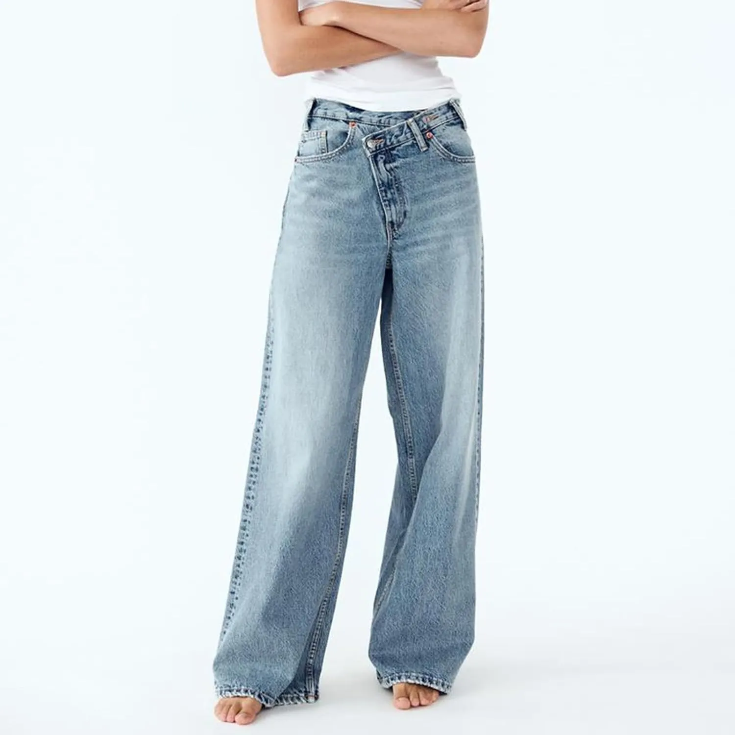 Owl's-Yard Women's Y2k Mid Rise Washed Baggy Jeans Crossover Wide Leg Loose Boyfriend Denim Pants Trousers with Pockets