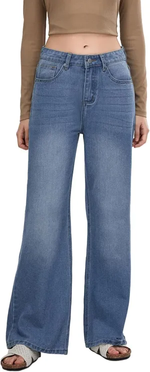 Owl's-Yard Women's Y2k Mid Rise Washed Baggy Jeans Crossover Wide Leg Loose Boyfriend Denim Pants Trousers with Pockets