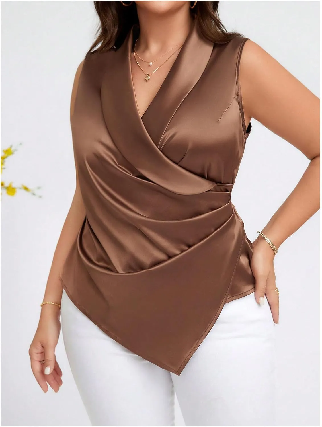 OYOANGLE Women's Plus Size Satin Wrap V Neck Sleeveless Blouse Asymmetrical Hem Elegant Work Office Tank Tops