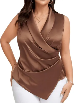 OYOANGLE Women's Plus Size Satin Wrap V Neck Sleeveless Blouse Asymmetrical Hem Elegant Work Office Tank Tops