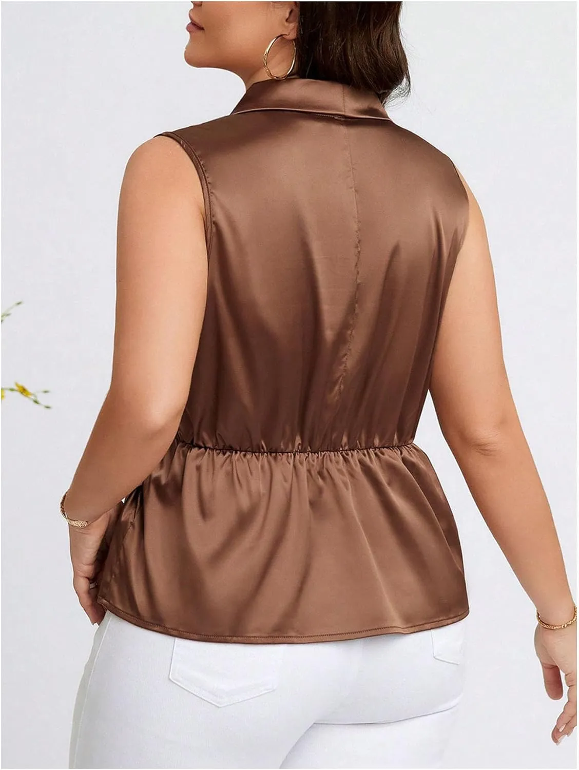 OYOANGLE Women's Plus Size Satin Wrap V Neck Sleeveless Blouse Asymmetrical Hem Elegant Work Office Tank Tops