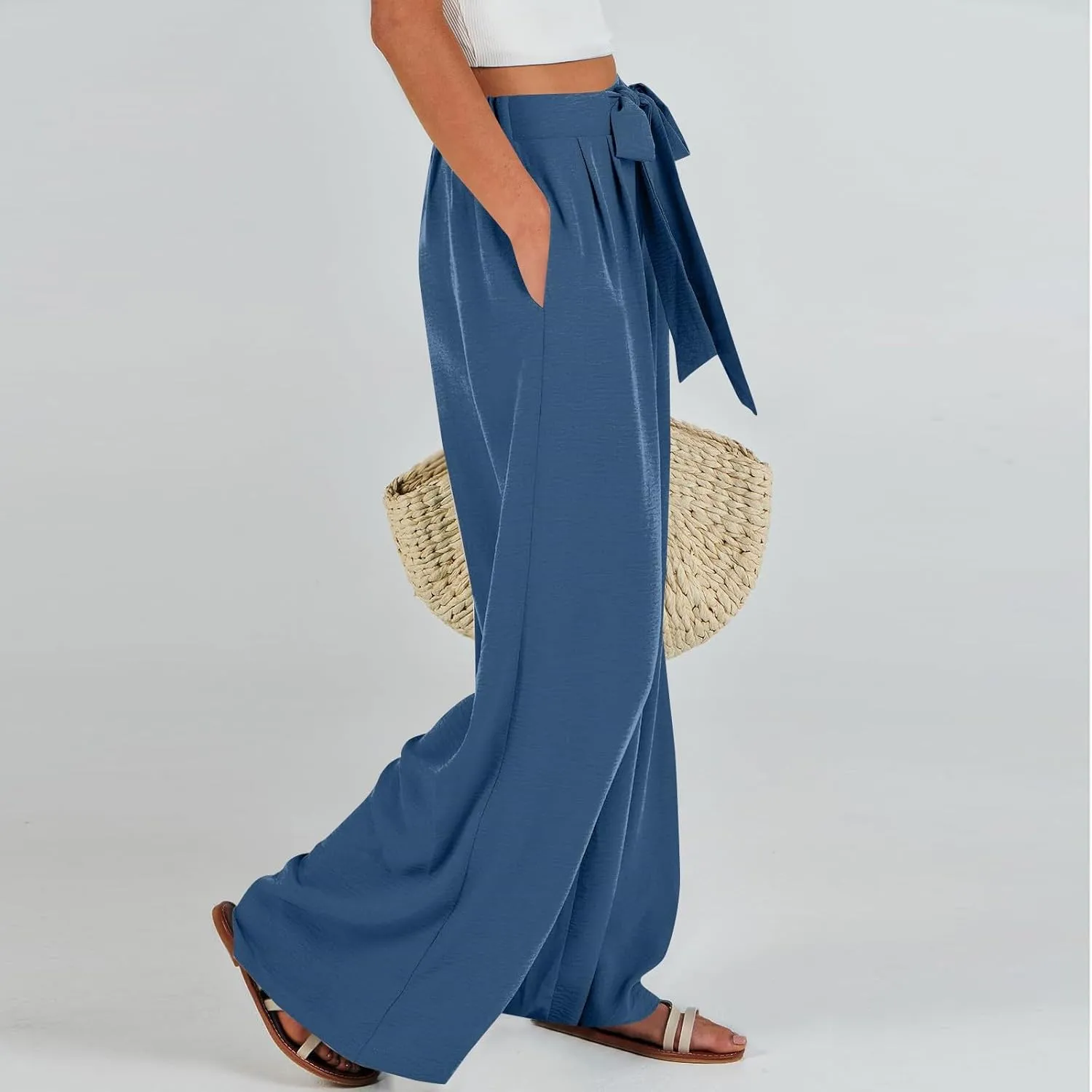 Palazzo Pants for Women Casual Tie High Waist Baggy Flowy Pants Beach Boho Business Dressy Lounge Slacks with Pockets